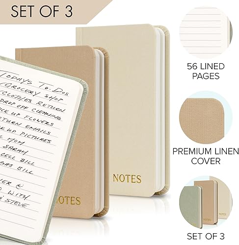 Miniatura 3 de ZICOTO Juego de 3 cuadernos estéticos de bolsillo de lino para mujeres y hombres, bloc de notas de bolsillo pequeño de 3 x 5 con páginas forradas,