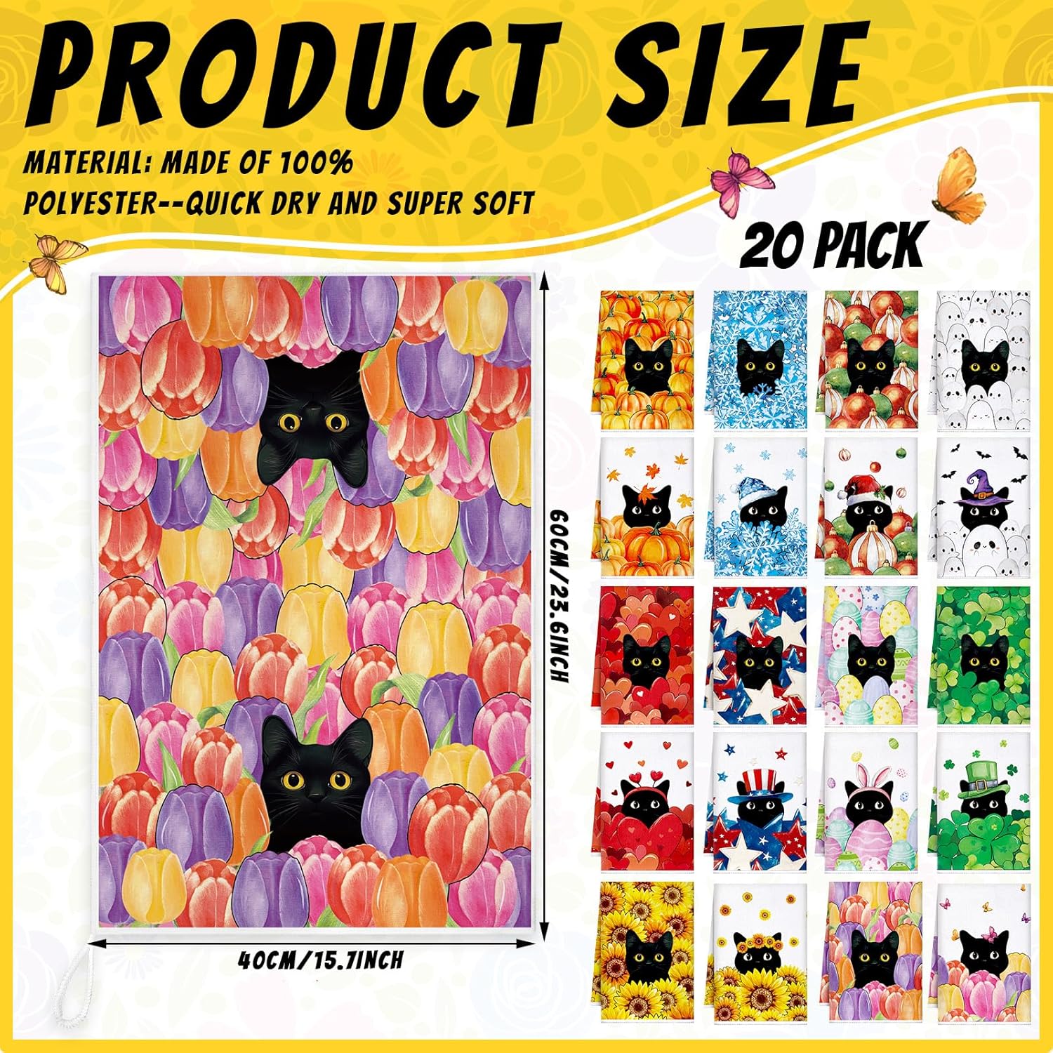 20 Pcs Holiday Kitchen Towels Seasonal Decorative Hand Towels Set Christmas Dish Cloths Winter Valentine's Day 16 x 24 Colorful Wash Cloths with Hanging Loop(Black Cat) - Image 3