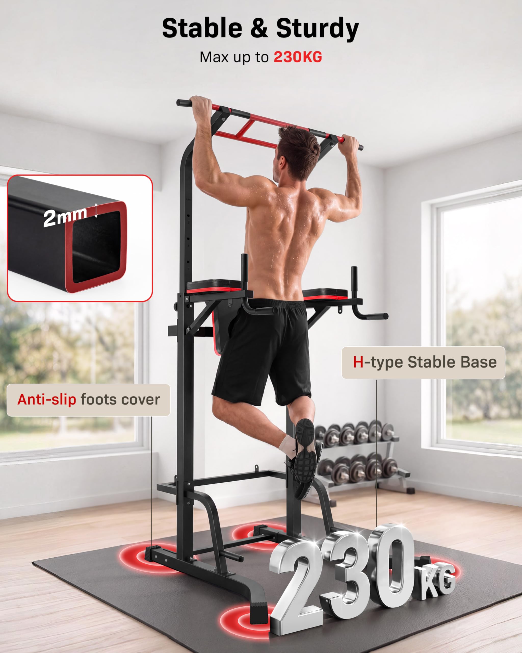 Power Tower, stazione per trazioni, supporto multifunzione per dip e trazioni, altezza regolabile, stazione per trazioni e esercizi di allenamento per palestra domestica, capacità 230 kg