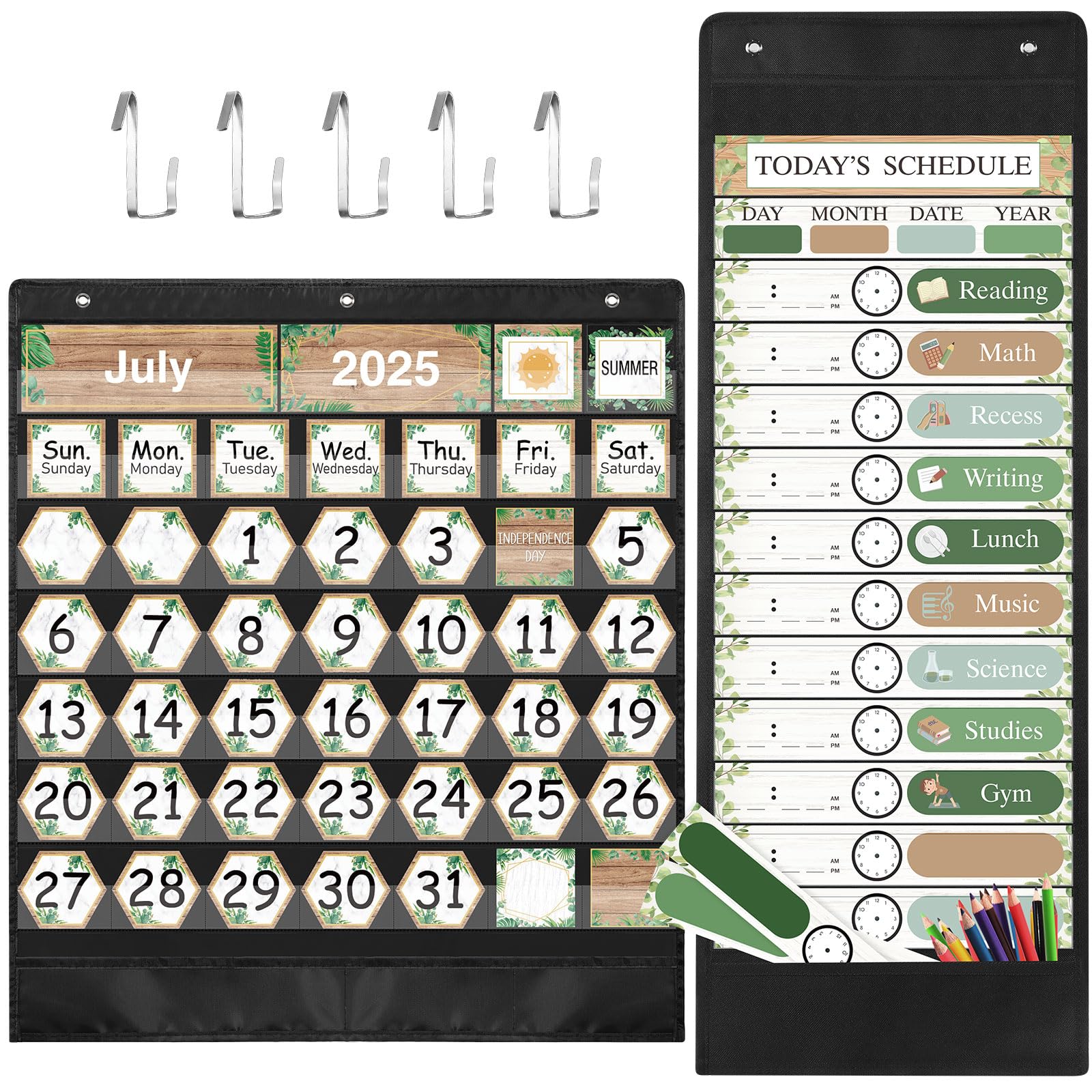 Cholemy 2 Pcs Classroom Monthly Calendar Pocket Chart with 118 Calendar Pocket Chart Cards 31 Daily Schedule Double Sized Reusable Card and 5 Metal