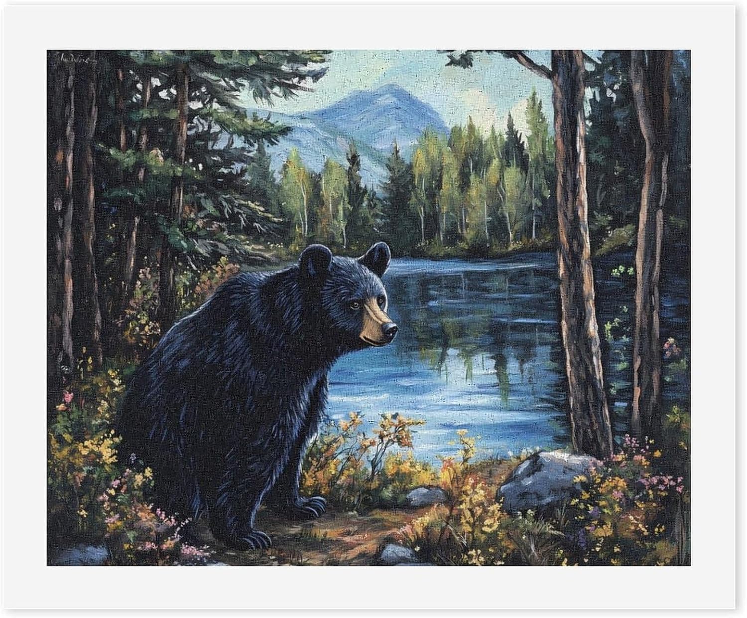 Black Bear in The Lake Funny Digital Oil Painting Horizontal DIY Printed Artwork by Number Kits Decor Gifts for Adults