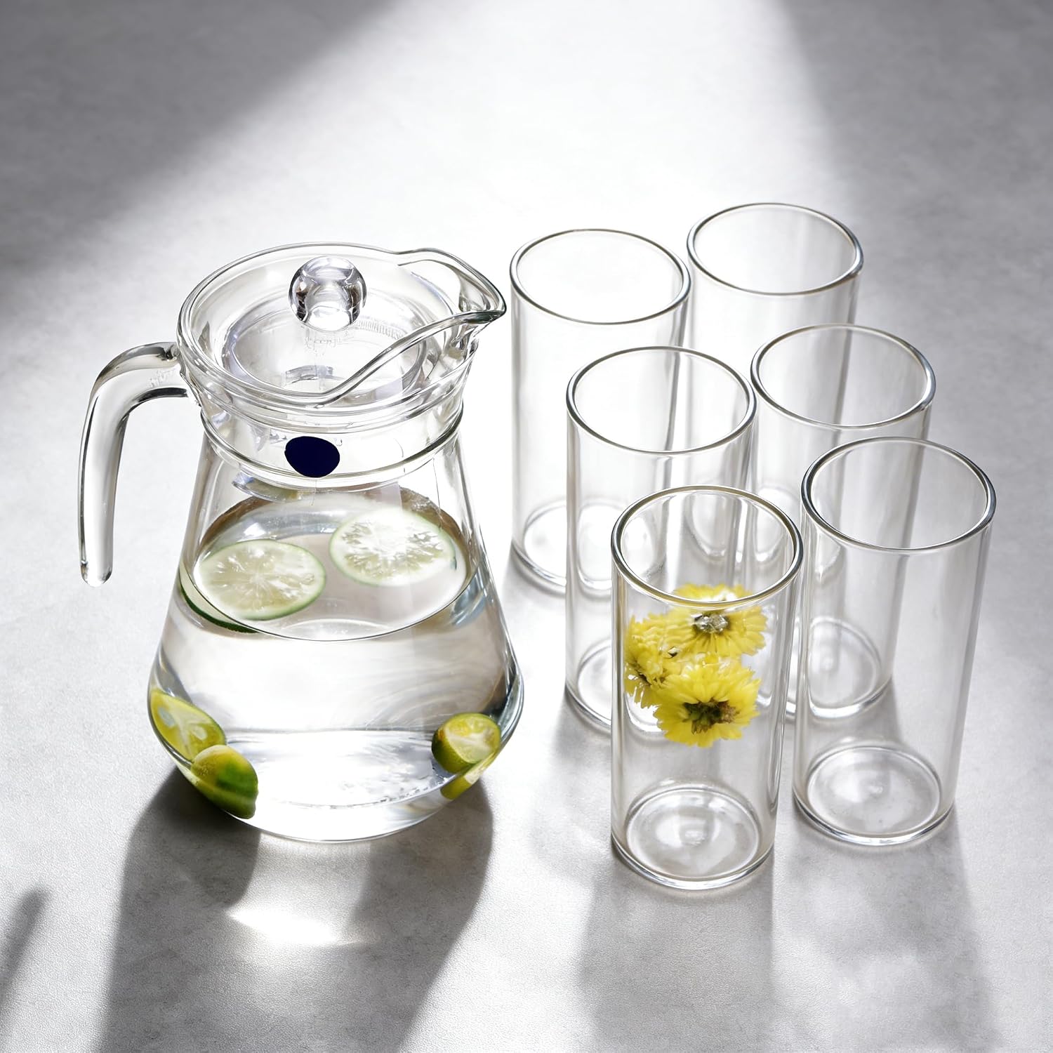 7-Pcs/Set Glass Pitcher with 6 Glasses Tumbler Cups Lid Water Carafe Jug with Spout Handle for Hot/Cold Water Tea Beverage