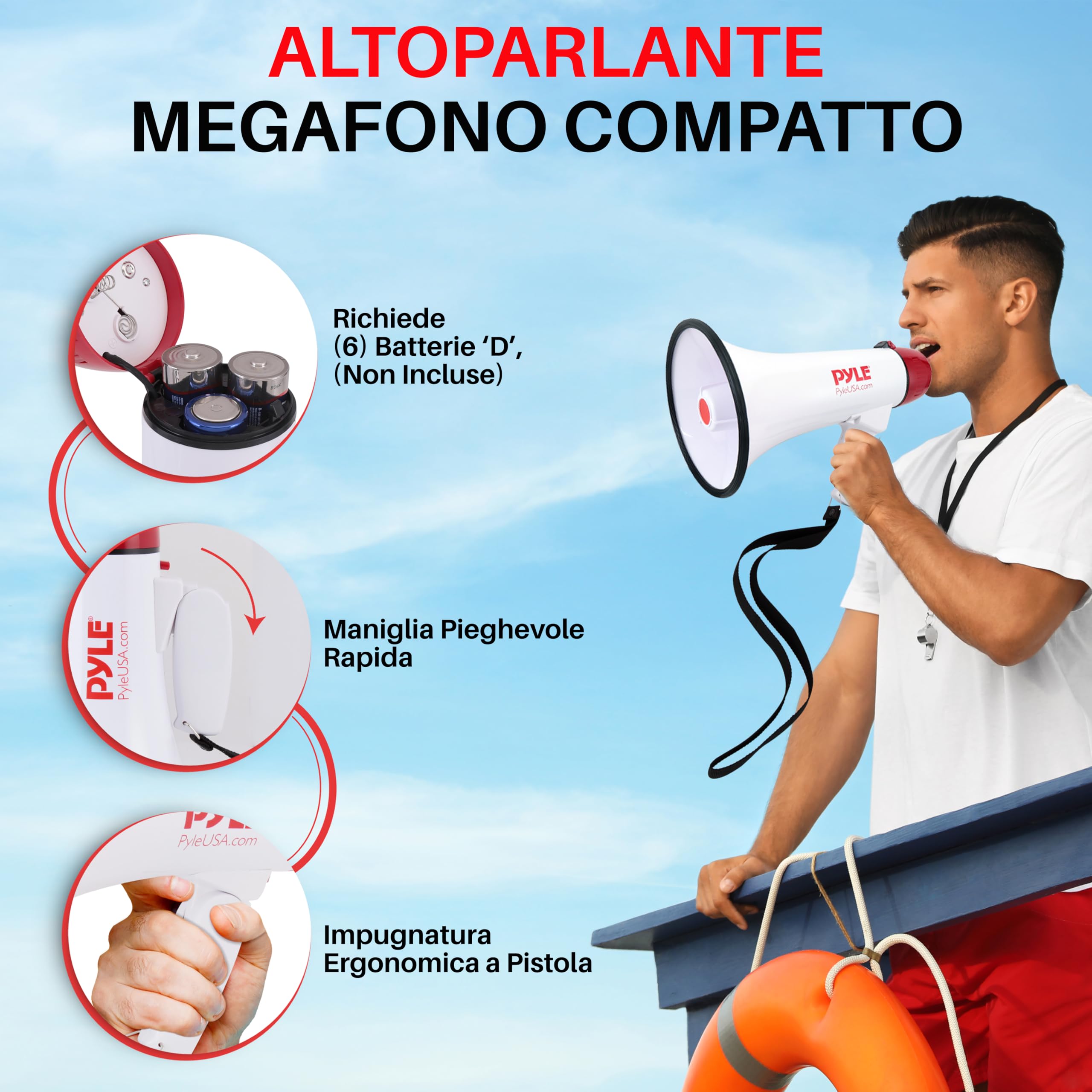 Pyle Megafono 40 Watt, Megafono Portatile con Suono Chiaro e Manico Ergonomico, Multifunzione con Talk, Sirena e Controllo Volume, Microfono Staccabile