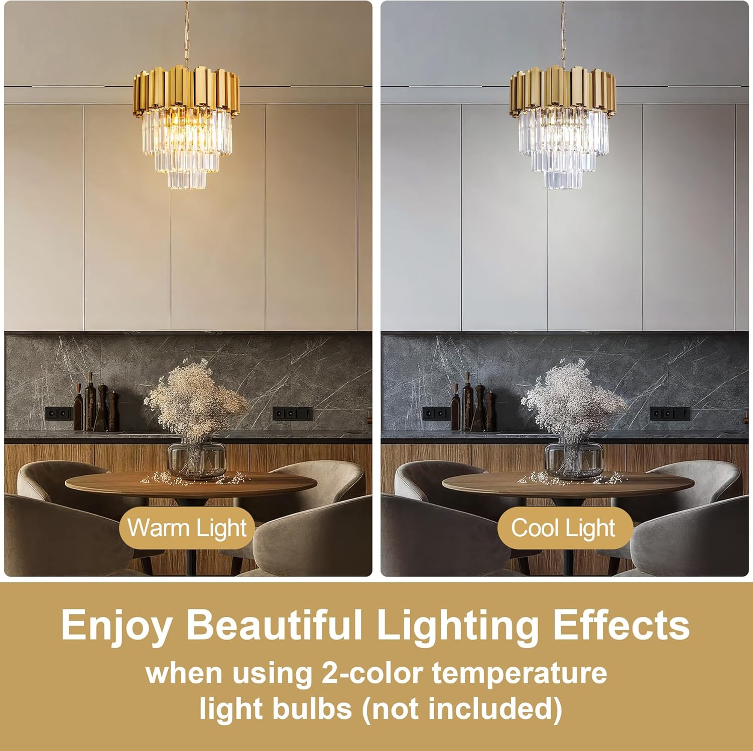 3-Tier 15.8" Modern Gold Crystal Chandelier, 5-Light Round K9 Crystal Pendant Light Fixture for Dining Room, Kitchen Island, Bedroom, Living Room, Foyer, Entryway