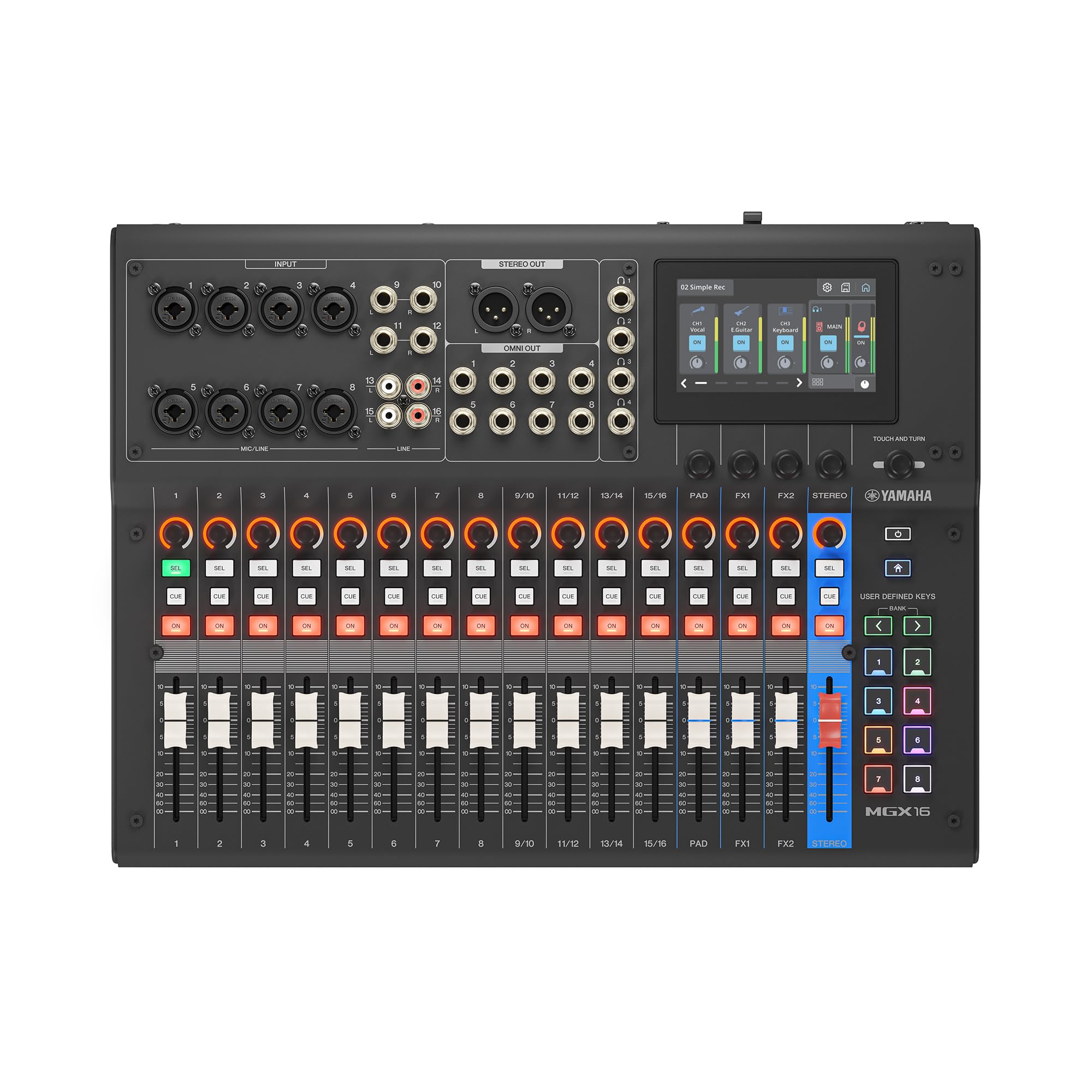 YAMAHA MGX16 Consola de Mezcla Digital con LCD Táctil, Bluetooth, Negro | Mezclador Versátil con Doble USB, microSD y Conectividad E/S Ampliada