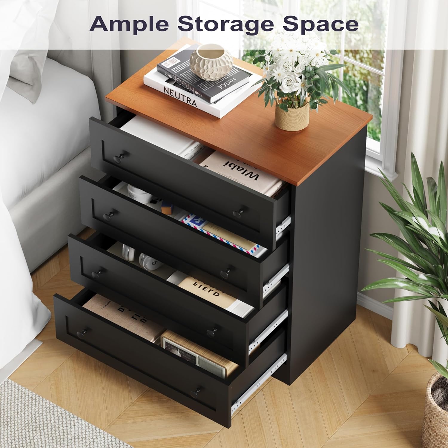 4 Drawer Dresser, Black Dresser Modern Storage Chest of Drawers, Farmhouse Storage Cabinet Organizer with 4 Drawers for Living Room, Entryway, Hallway, Black