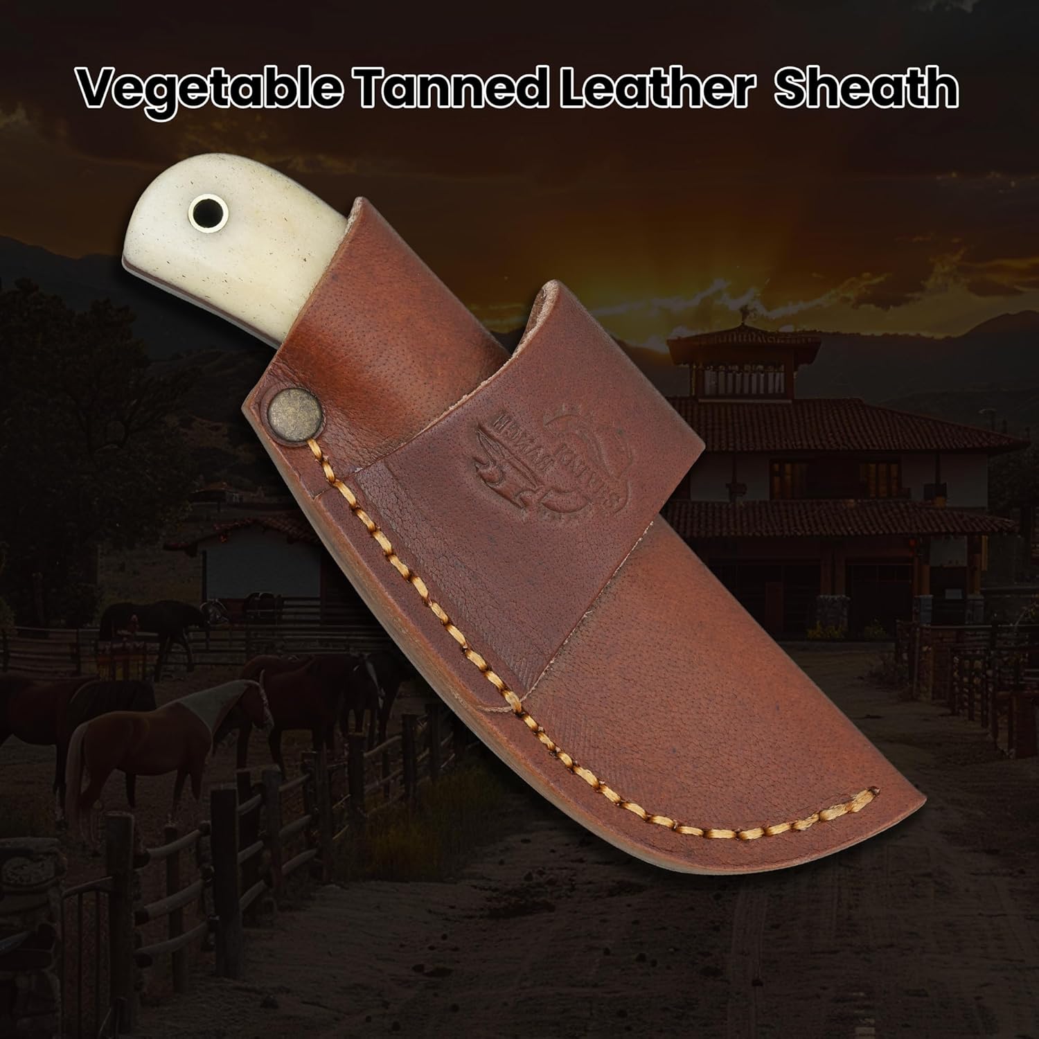 Knives Ranch 5.5 inches Damascus Steel Ranch Knife - Full Tang Fixed Blade - Horizontal Scout Carry Leather Sheath - Handmade Outdoor Hunting Camping Utility Knife