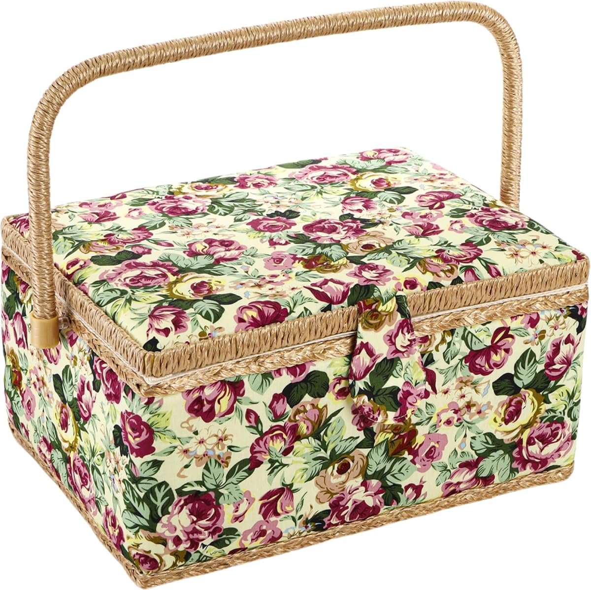ZOOFOX Cesta de Costura Grande, Caja de Costura de Madera Vintage con Bandeja extraíble, Kit de Costura con diseño de Estampado Floral de Rosas, Caja de Almacenamiento para Costura, Principiantes, Profesionales, sin Accesorios