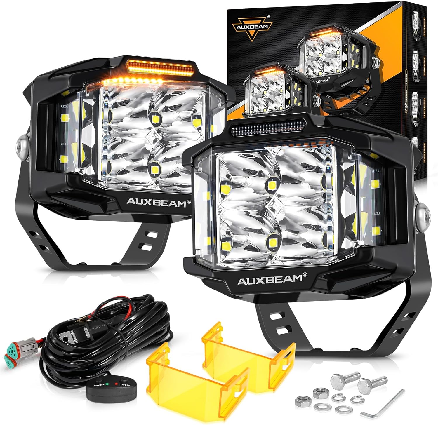 Auxbeam 4 Inch LED Pod Light, 92W V-MAX Series Square Offroad Driving with Amber DRL, 270° Spot Flood Combo Beam Side Shooter Cube Work Auxiliary Lights with Yellow Cover for Truck SUV ATV UTV Auxbeam 4 Inch LED Pod Light, 92W V-MAX Series Square Offroad Driving with Amber DRL, 270° Spot Flood Combo Beam Side Shooter Cube Work Auxiliary Lights with Yellow Cover for Truck SUV ATV UTV