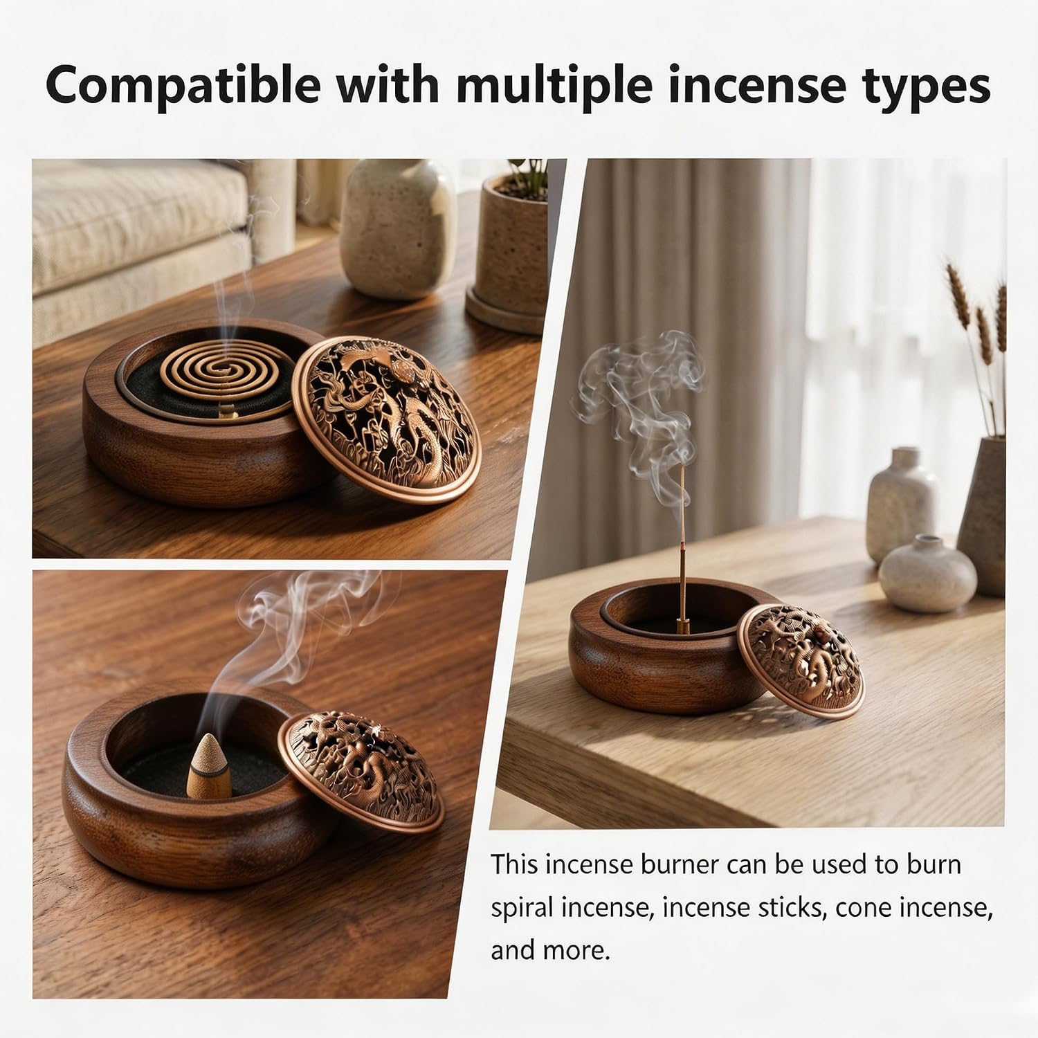 Wooden Incense Burner with Metal Lid, Handmade Incense Holder for Sticks Cones & Coils, Aromatherapy Burner for Home Office Meditation Yoga Décor