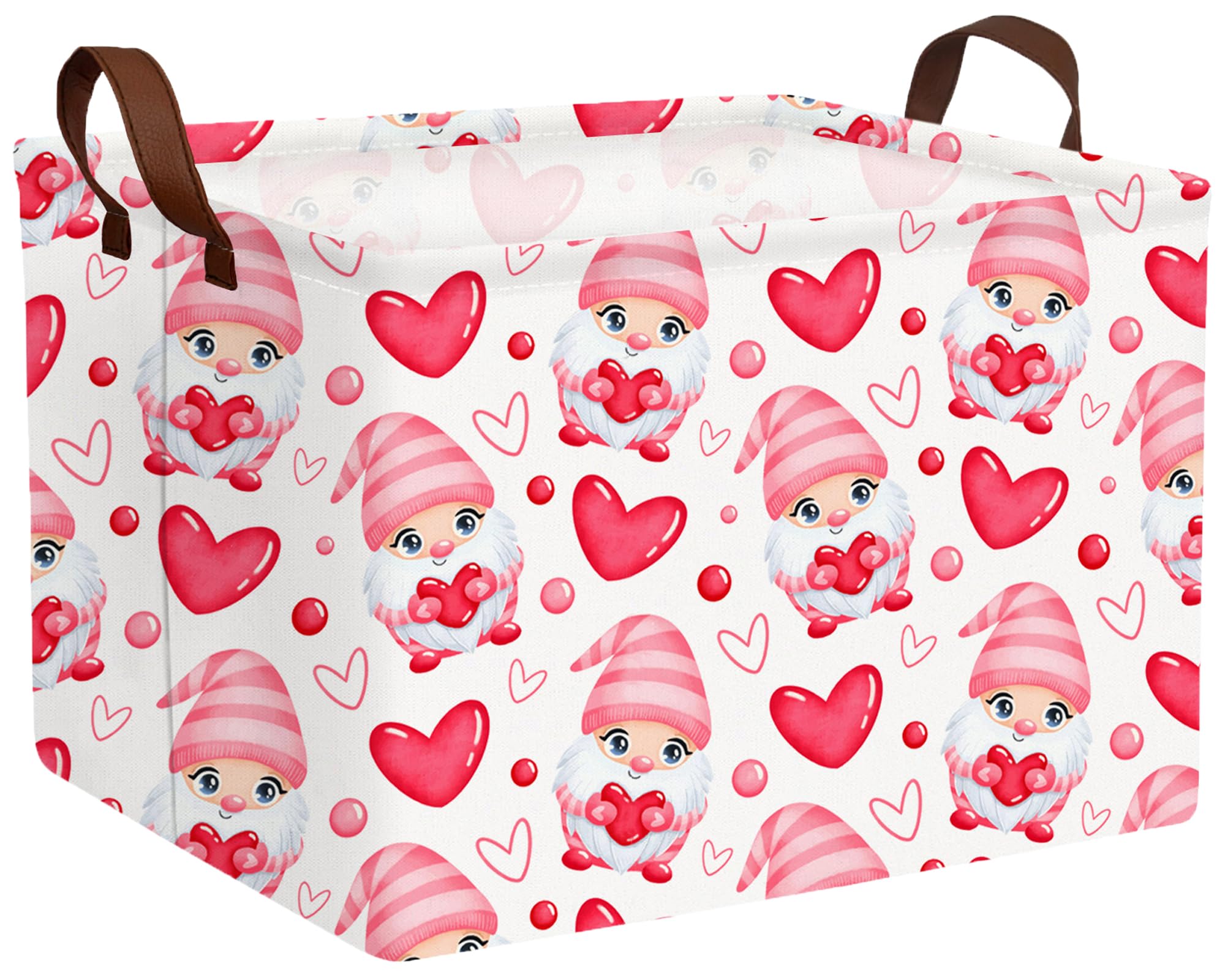 Large Valentine's Day Basket Heart Shaped Storage Bin for Gifts Collapsible Organizer Room Decor (Pink Gnome Love)