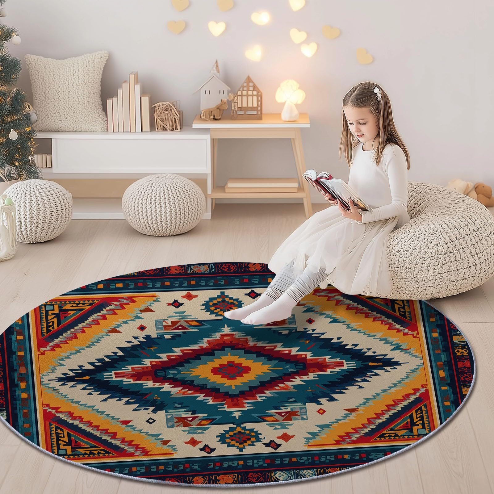 Bunter Runder Teppich 140 cm, Ethnischer Stil mit Geometrischer Raute, Waschbarer Rutschfester Kreis-Teppich für Kinderzimmer, Esszimmer oder Büro, Weicher Kurzflor Bodenbelag für Boho-Dekoration