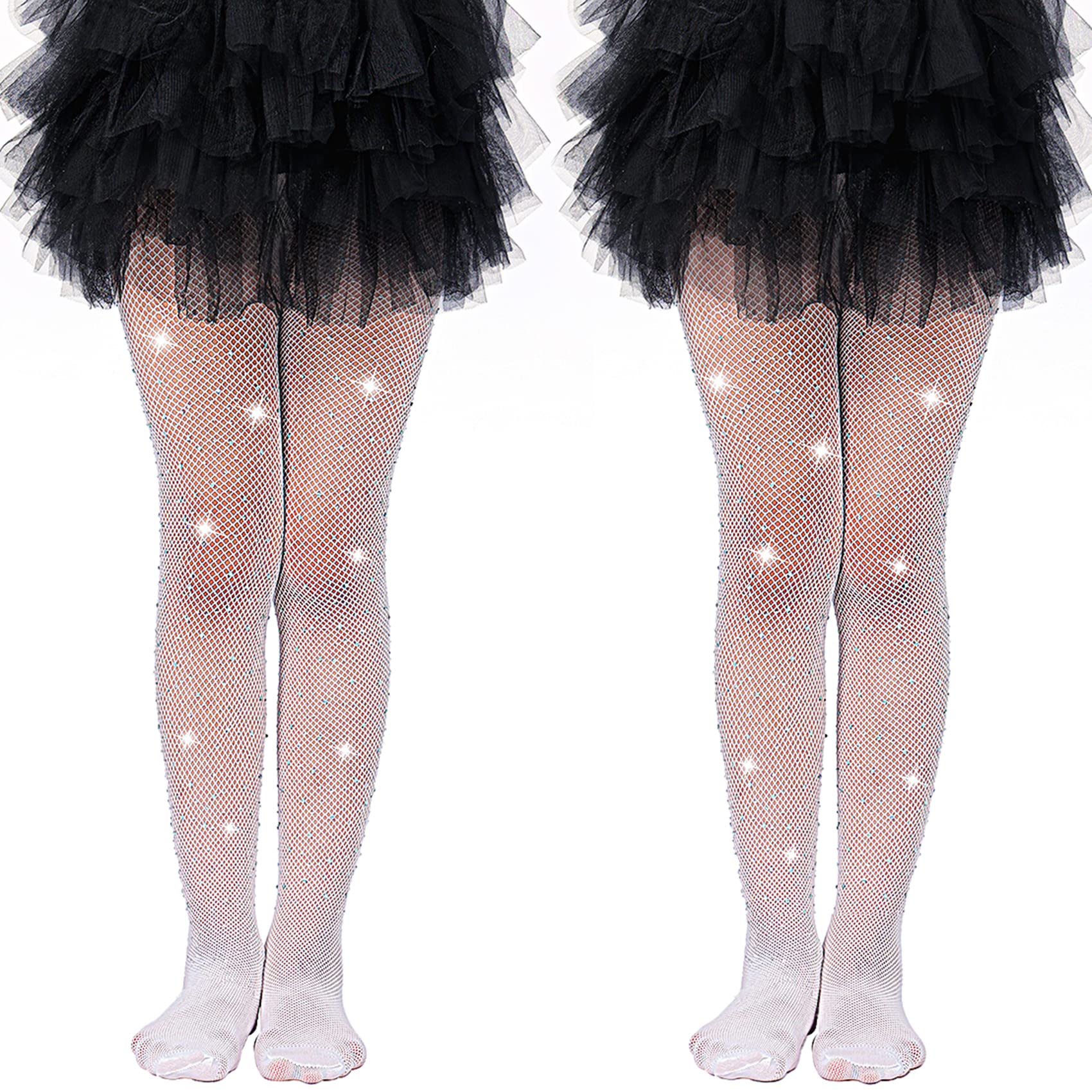 Manzi Girls Yyuk-White Fishnet Tights Rhinestone Black Tights For Sparkle Fishnet Stockings For Ballet Costume Halloween(Pack Of 2) White