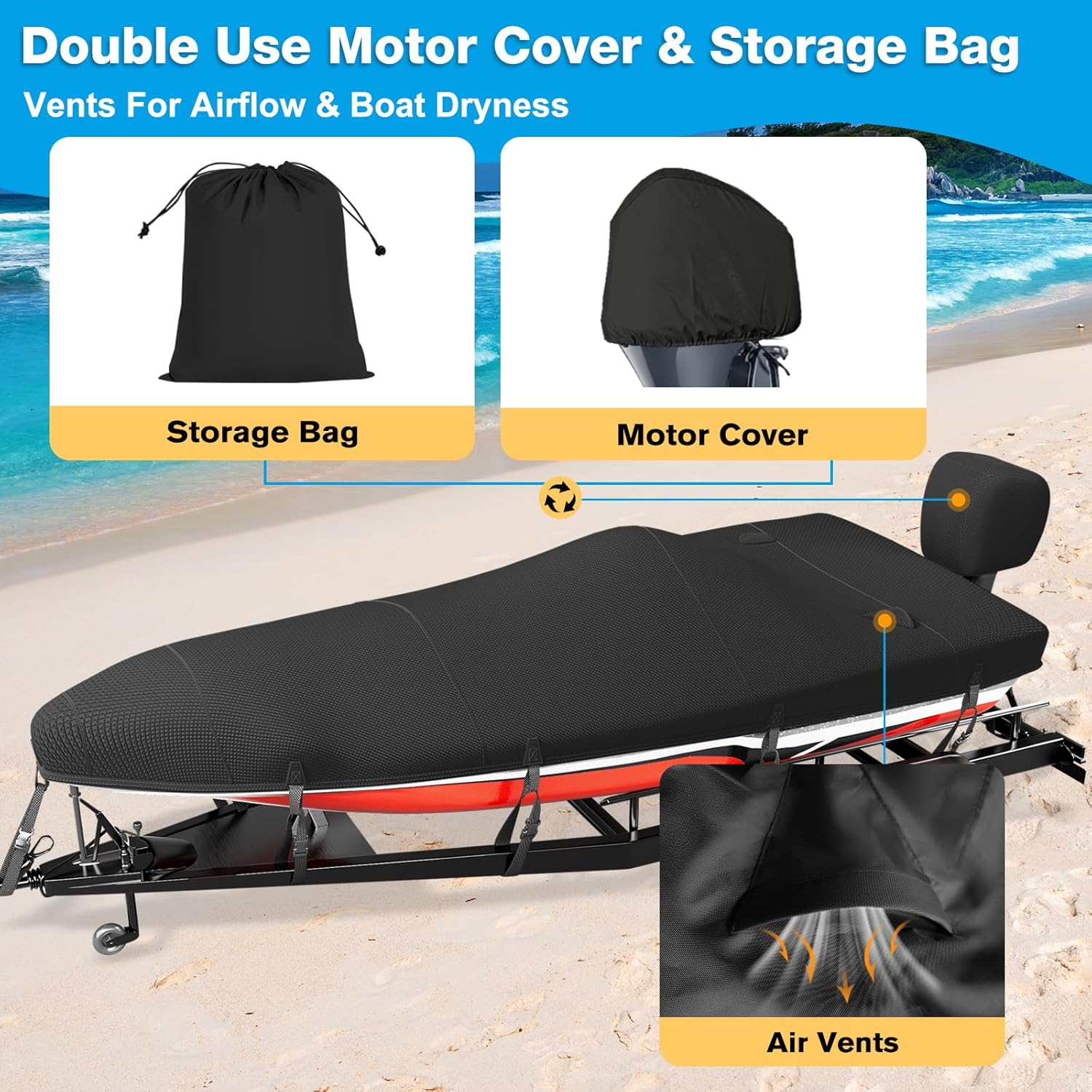 Boat Cover 20-22ft,1200D Bass Boat Cover,Marine Grade Trailerable Cover, Waterproof Boat Covers with Motor Cover,Fit 20 21 22ft Foot V-Hull,Fishing,Runabout Bowrider Boat,Black