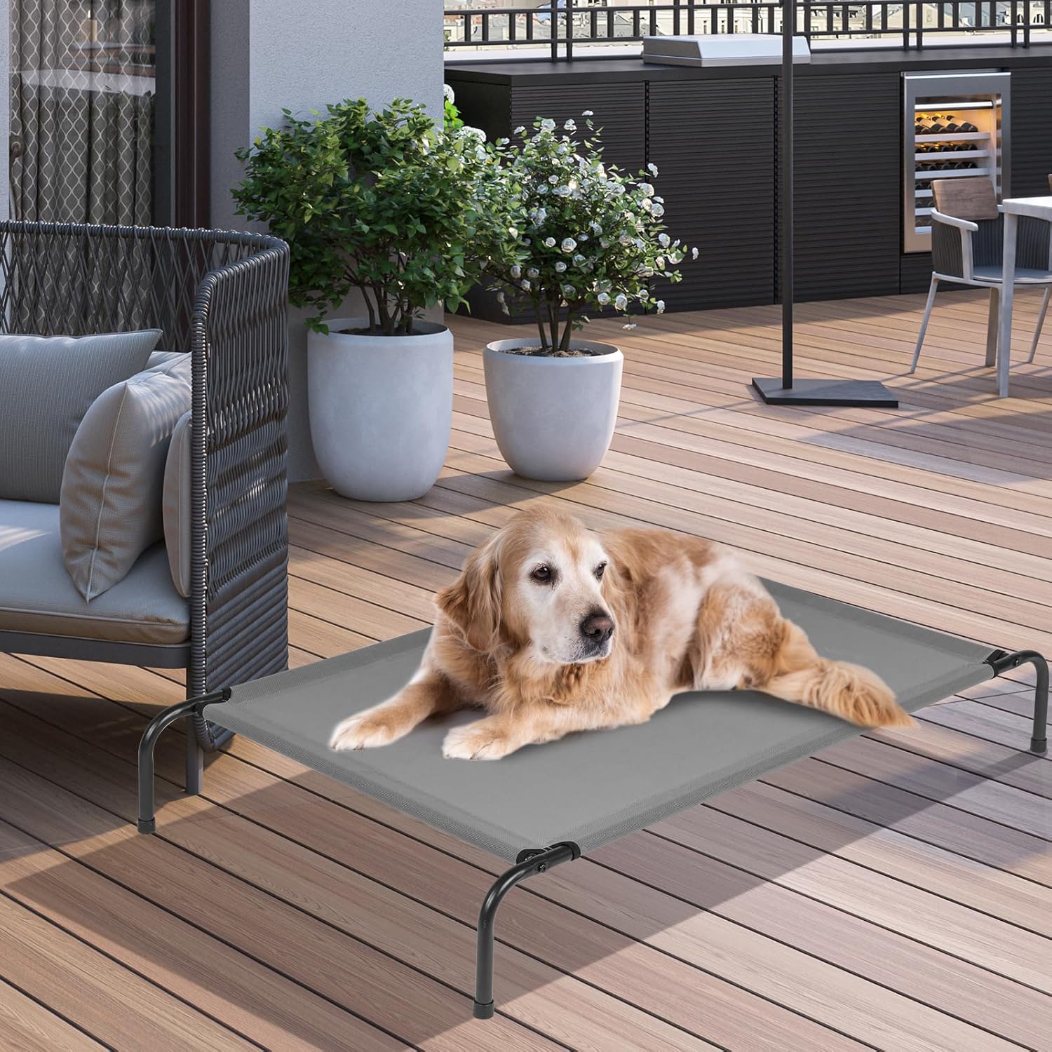 Elevated Dog Bed Cot,Portable Indoor & Outdoor Pet Hammock with Metal Frame & Breathable Mesh,No-Slip Feet,Cooling Raised Pet Bed for Large Dogs, (Light Grey, Medium)