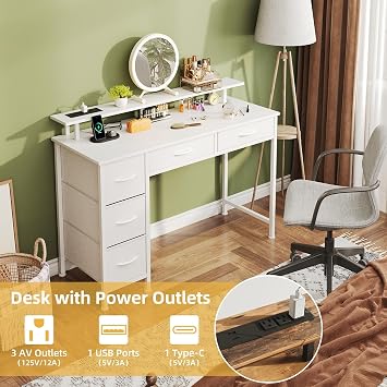 MUTUN 100CM Computer Desk with 5 Fabric Drawers, Gaming Desk with LED Lights & Power Outlets, Home Office desk with Monitor Stand, Work Desk with USB Charging Port, White