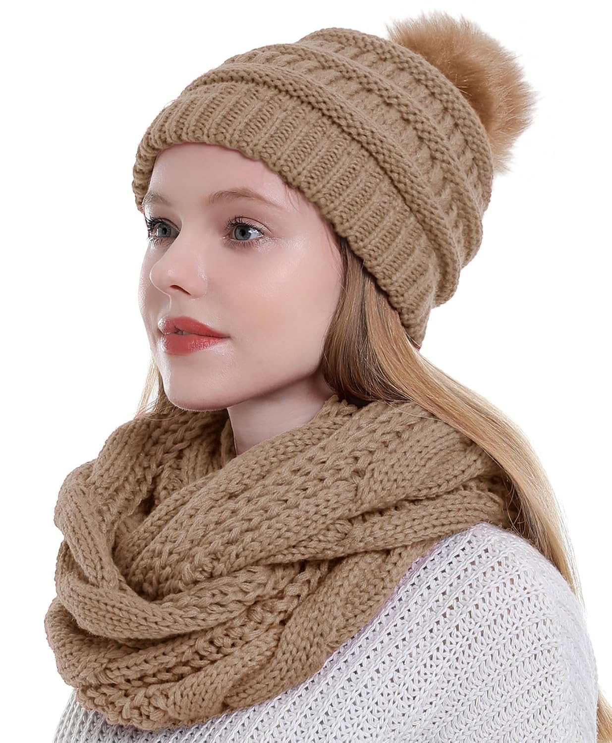 Double Couple Winter Scarf and Hat Set for Women Thick Cable Knitted Circle Loop Infinity Scarfs and Warm