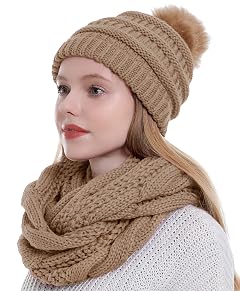 Double Couple Winter Scarf and Hat Set for Women Thick Cable Knitted Circle Loop Infinity Scarfs and Warm
