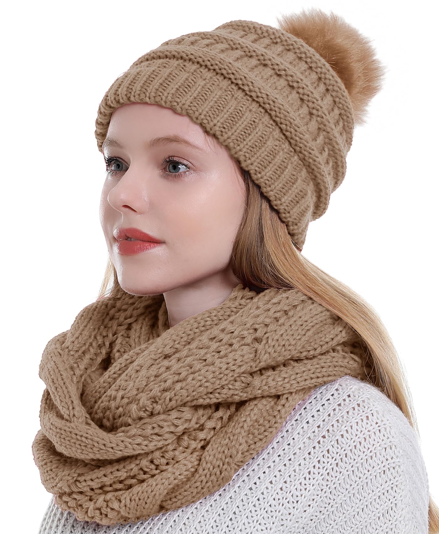 Double Couple Winter Scarf and Hat Set for Women Thick Cable Knitted Circle Loop Infinity Scarfs and Warm
