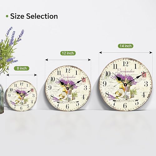 Miniatura 2 de TAHEAT Reloj de pared de lavanda, pequeño reloj de cocina vintage floral Provenza, relojes de pared retro rústicos a pilas para sala de estar,