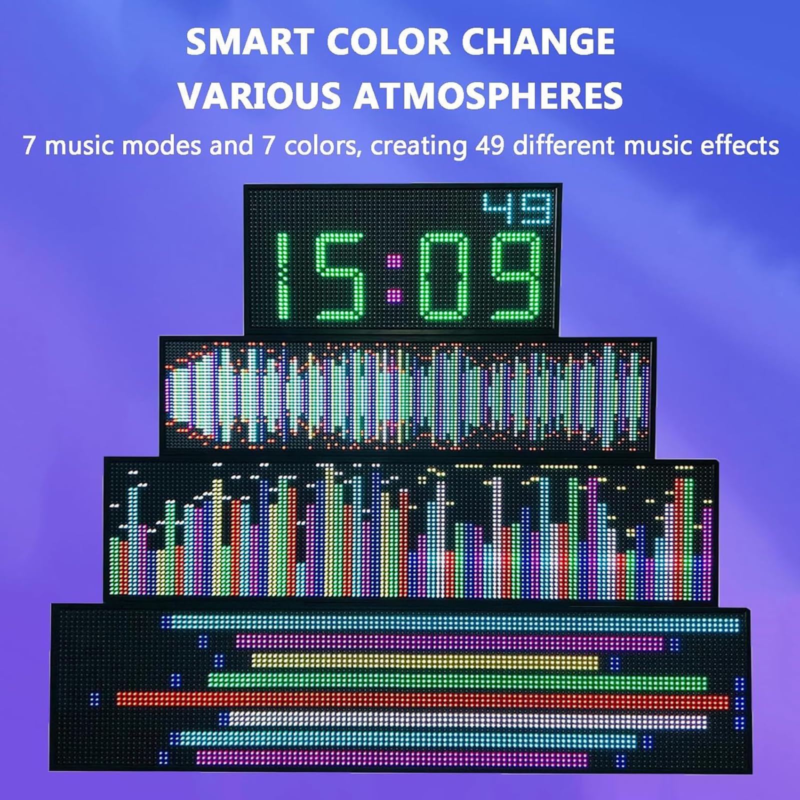 Analizator wyświetlania spektrum muzyki LED, dynamiczne światło rytmowe RGB Audio z 7 trybami muzyki, 49 efektami świetlnymi, zegarem cyfrowym, sterowaniem głosem i linią