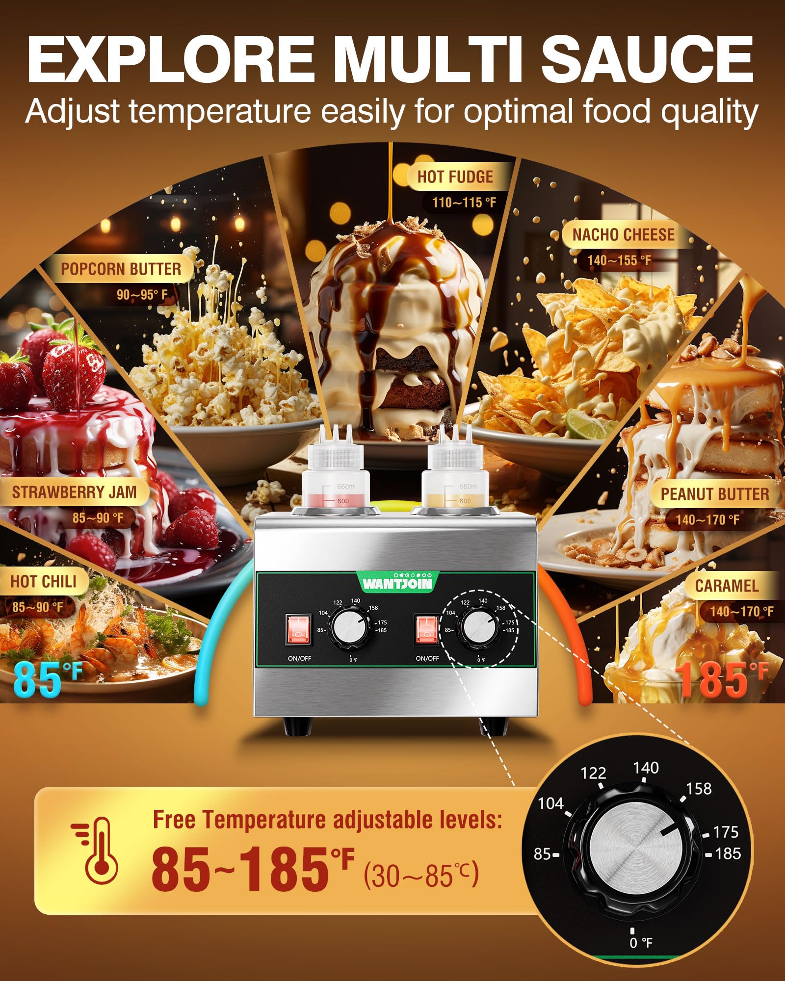 WantJoin Dispensador eléctrico de salsa para encimera, acero inoxidable, máquina de conservación del calor, 320 W, dulce caliente, nachos, queso, ketchup, calentador de chocolate para uso comercial