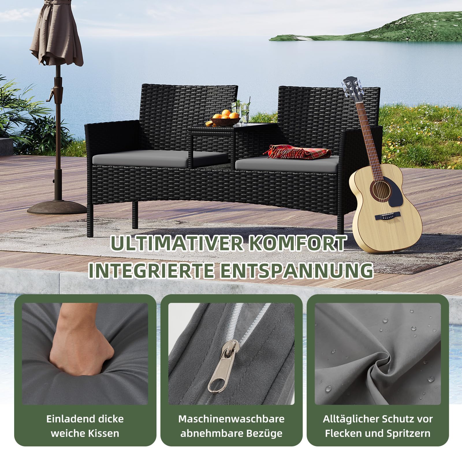 Aoxun Rattan-Gartenstuhl, 2-Sitzer-Loveseat, Terrassen-Sitzgarnitur mit Ablagetisch und wasserdichter Schutzhülle, platzsparende Sitzgelegenheit für kleine Gärten, Balkone und Terrassen (Dunkelgrau)