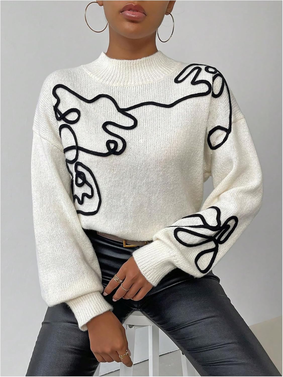 Milumia Women's Graphic Mock Neck Sweater Long Lantern Sleeve Drop Shoulder Casual Pullover Tops - Image 4