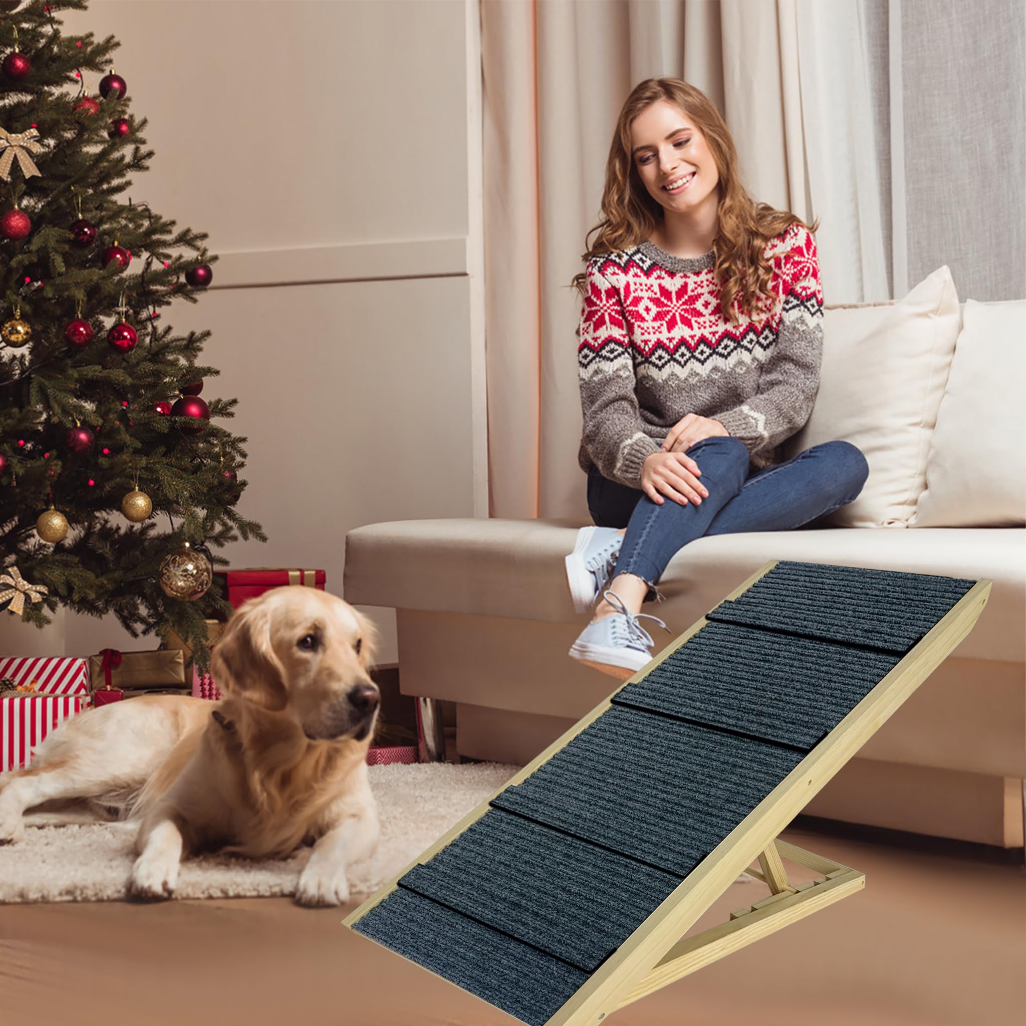 Rampa per cani in legno, pieghevole, altezza regolabile, per letto, divano, altezza 60 cm, antiscivolo, per cani e gatti, portata massima 100 kg, 100 x 40 x 60 cm