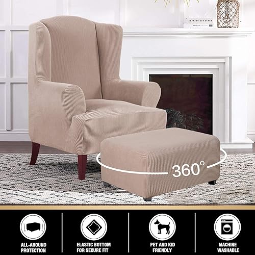 Miniatura 2 de Funda otomana rectangular y elástica para sala de estar, se adapta a reposapiés otomano, tejido jacquard grueso a cuadros con parte inferior