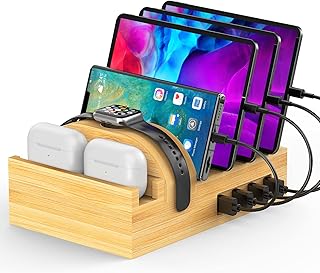 Bamboo Charging Station for Multiple Devices, Alltripal Wood Desktop Docking Station 7-Port Multi-Charger Organizer Fast USB Charger Compatible with iPhone, iPad, AirPods, iWatch, Cell Phone, Tablet