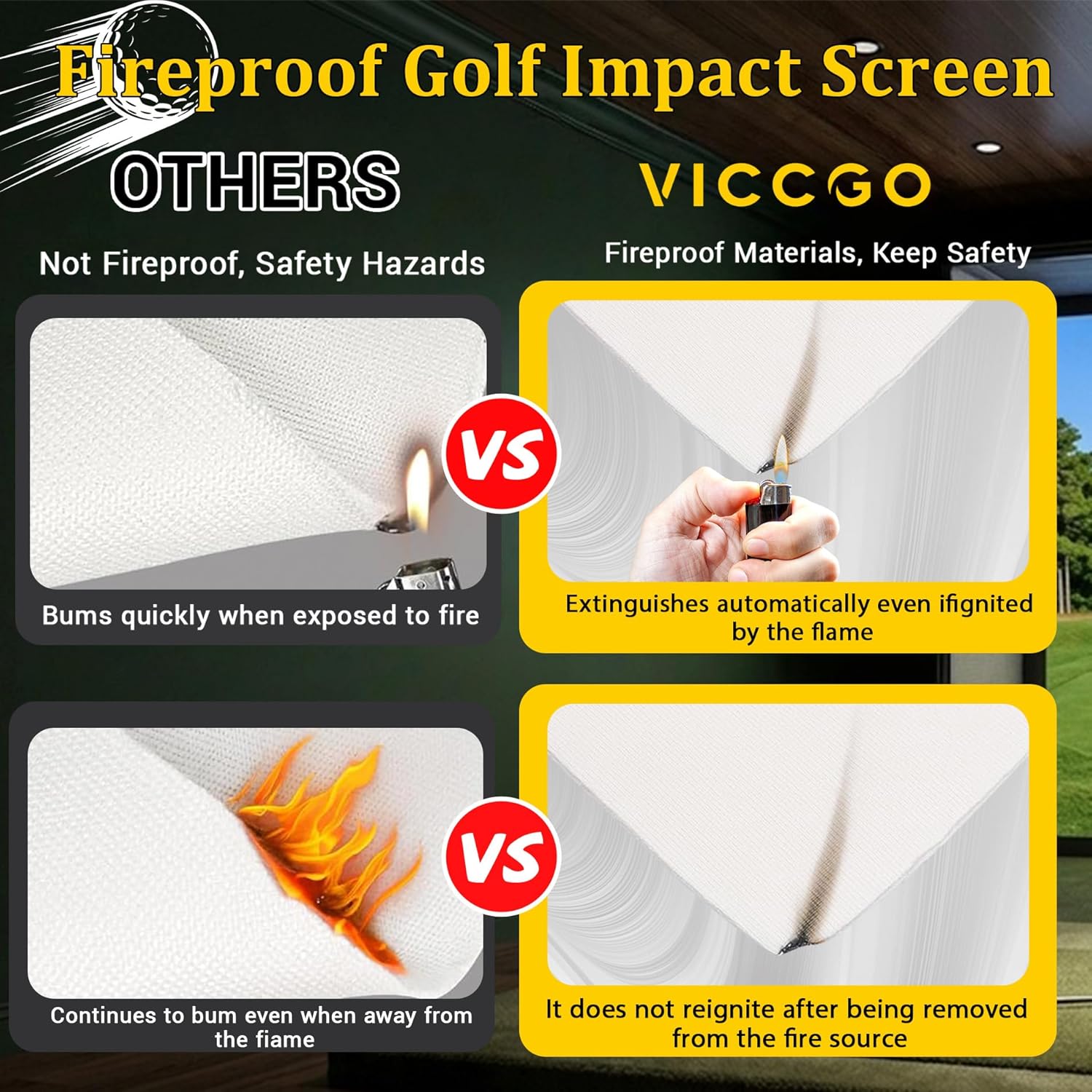 Golf Simulator Impact Screen, Practice Hitting Screen with HD Visuals, Thickened Golf Simulators Screen for Home, Indoor Hitting Screen with Grommets & Bungee Cords