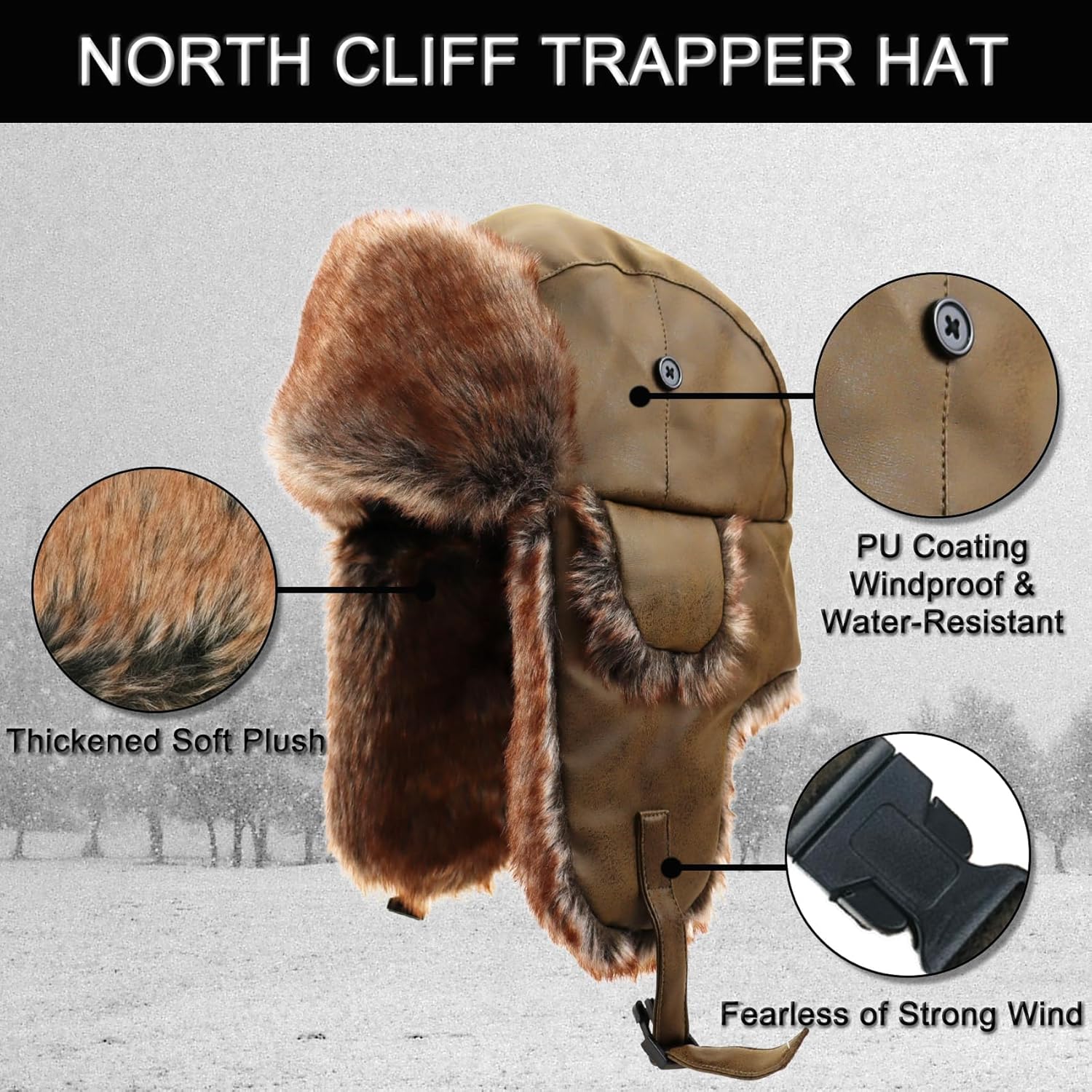 Unisex Winter Leather Trapper Hat with PU Coating for Hunting Skiing Trooper Winter Outdoor Activities - Image 3