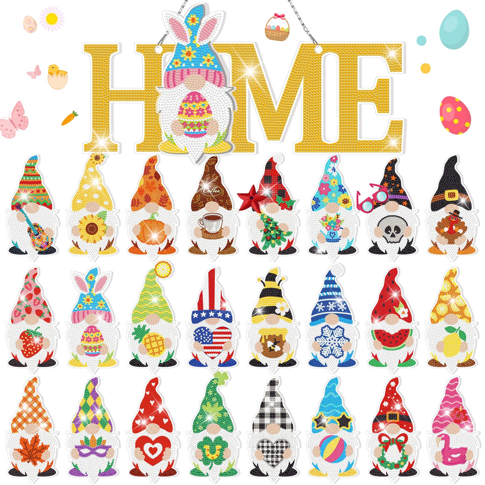 Yousoontic 25 Pcs Magnetic Diamond Art Easter Interchangeable Gnome Wall Decor 13.8 x 6.8 Inch Spring Hanging Seasonal Welcome Sign DIY Detachable