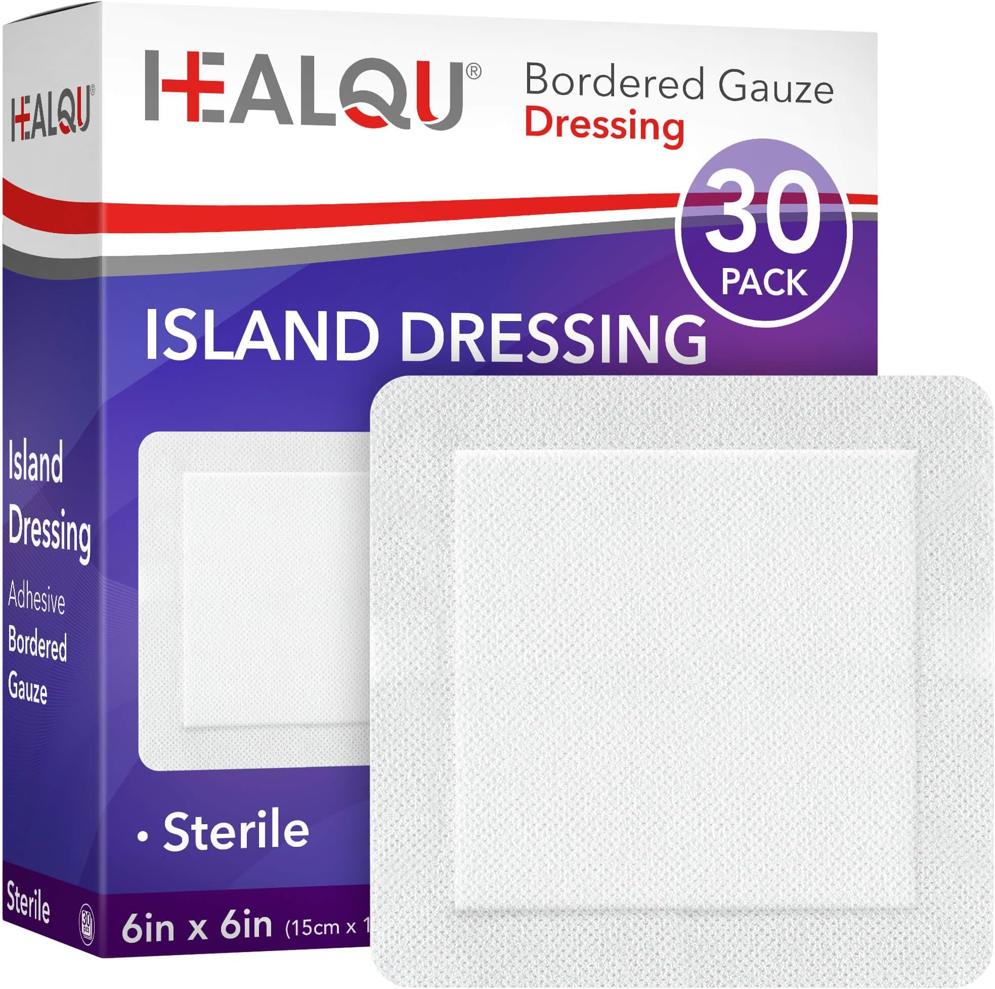 Island Dressing - 6"x6", 30 Count - Bordered Gauze Sterile Individually Wrapped Gauze Pads, Water-Resistant, Non-Woven Backing - Soft and Breathable Wound Dressing for First Aid and Medical