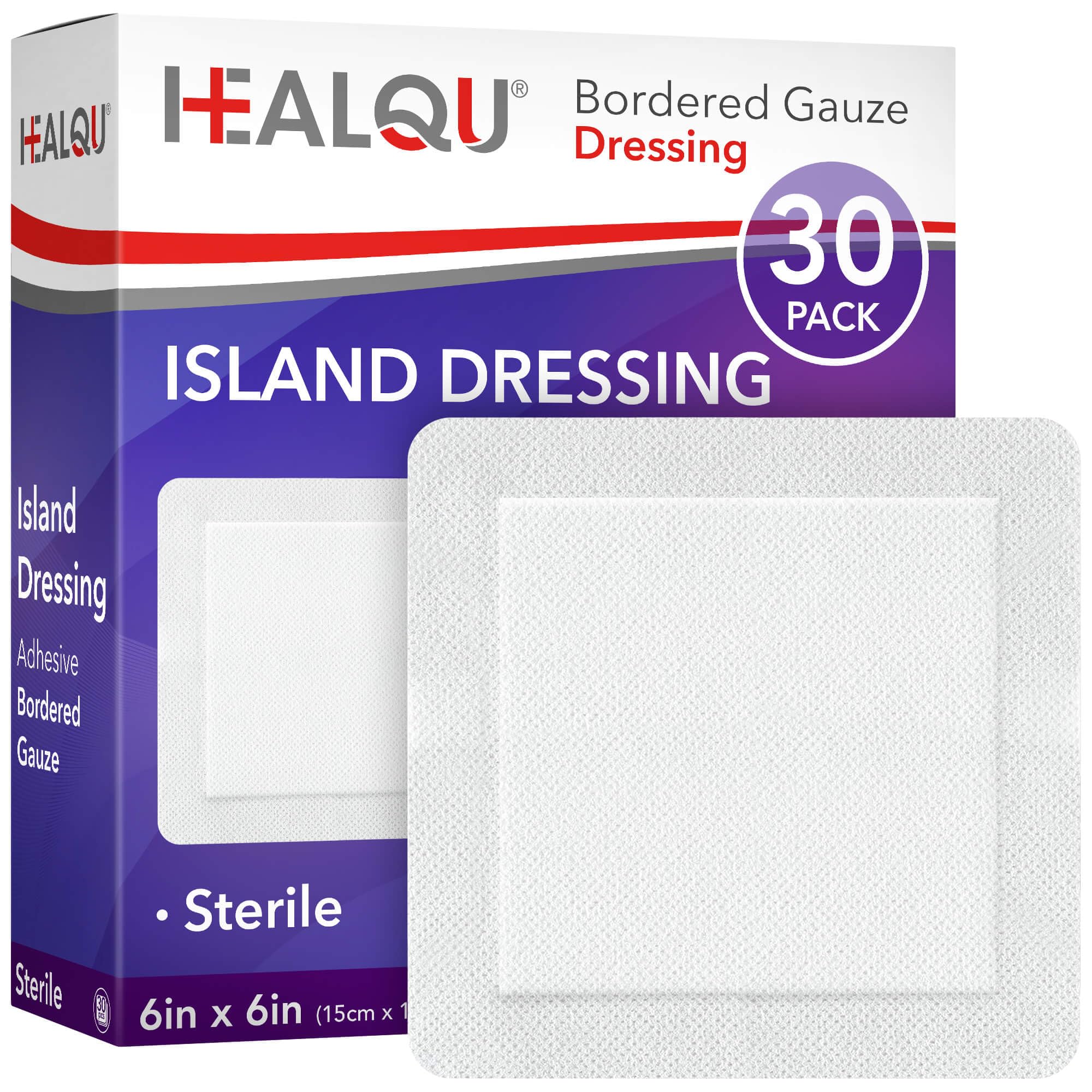 HEALQU Island Dressing - 6"x6", 30 Count - Bordered Gauze Sterile Individually Wrapped Gauze Pads, Water-Resistant, Non-Woven Backing - Soft and Breathable Wound Dressing for First Aid and Medical