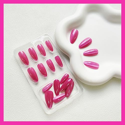 Miniatura 3 de Uñas postizas a presión de color rosa, uñas postizas medianas con diseño de almendra, uñas postizas brillantes con diseño de purpurina, uñas