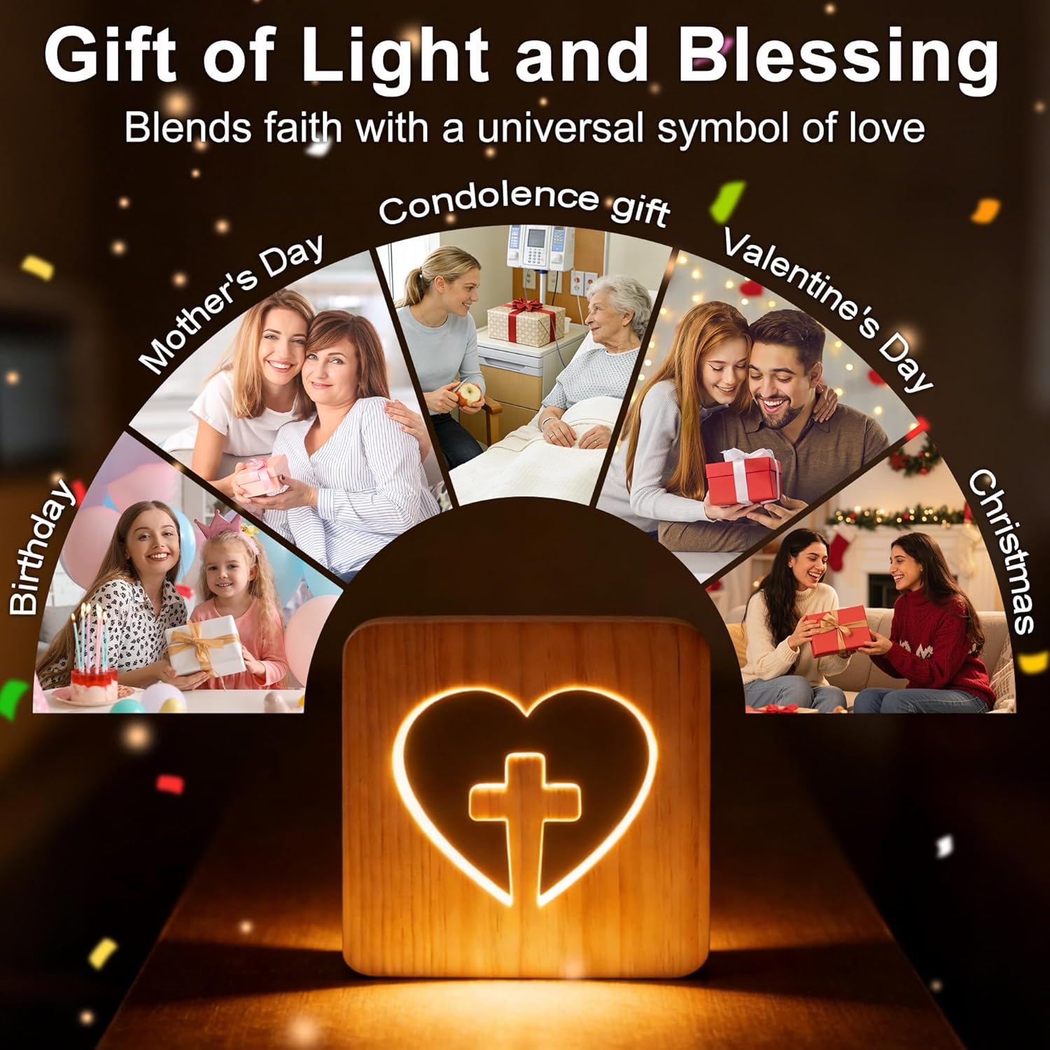 WLHONG Easter Decor Cross Night Light, Jesus 3D Wood Bedside Lamp, Heart Shaped LED Small Lights, Christian Gifts for Women, Unique Home Pray Room Decor Creative Lighting