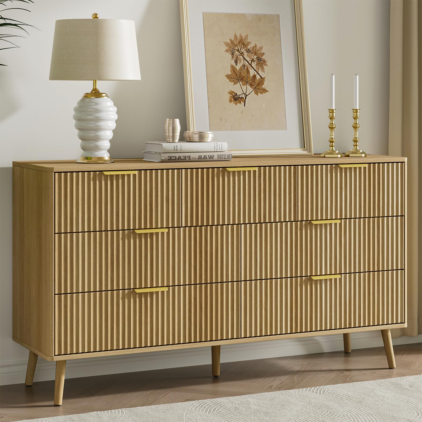 LYNSOM 55" Wide Fluted Dresser for Bedroom with 7 Drawer, Modern Chest of Drawers with Curved Profile Design and Metal Handles, Wood Dresser TV Stand