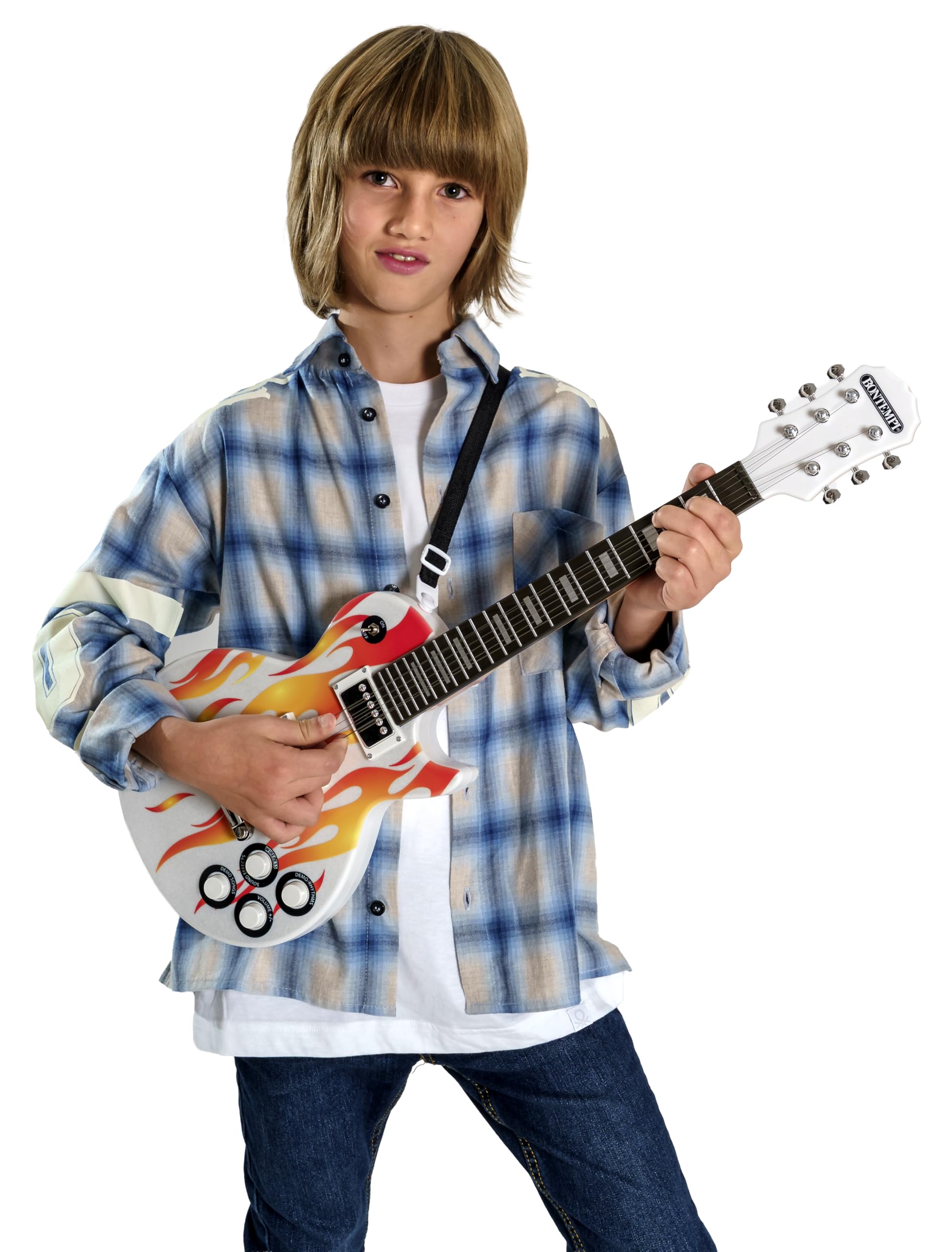 BONTEMPI - Guitarra Rock Electrónica Inalámbrica con Cuerdas de Metal, 8 Pistas Pregrabadas, Micrófono de Auriculares, Correa Bandolera, Apagado Automático 690mm
