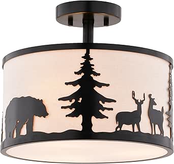 VAXCEL Acadia 13-in W Bronze Rustic Semi Flush Mount Ceiling Light White Linen Deer Tree
