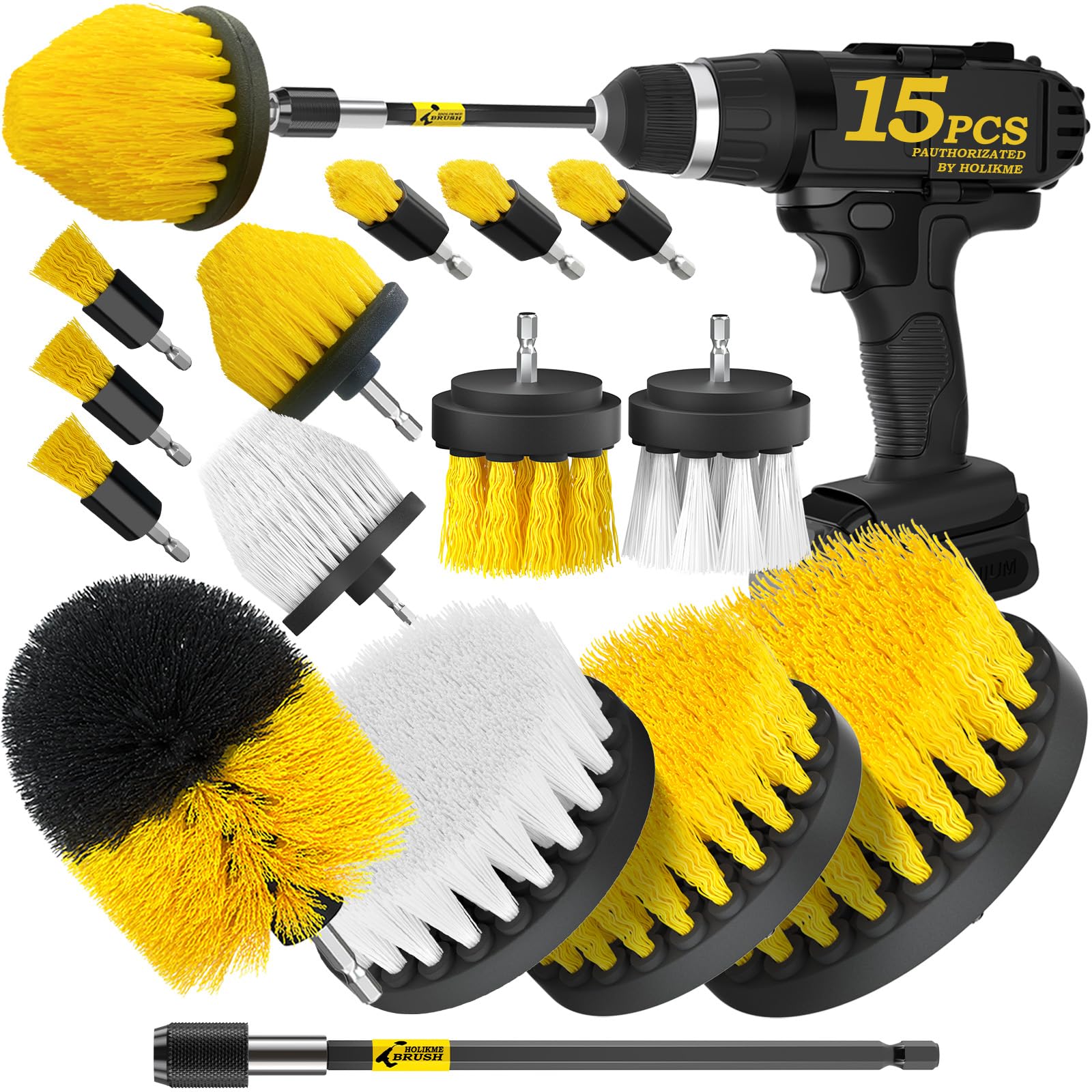 Holikme 15-Piece Drill Brush Attachment Set - Power Scrubber, Crevice, Scrub, Bathroom Gap, Grout, Tile & Kitchen Cleaning Brushes