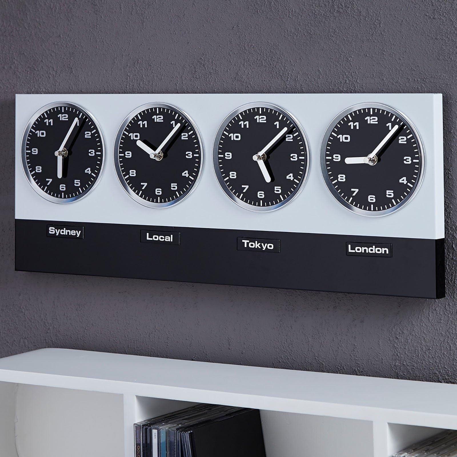 DESIGN DELIGHTS MODERN WALL CLOCK GLOBAL with 4 clockworks and magnets silver black from Xtradefactory