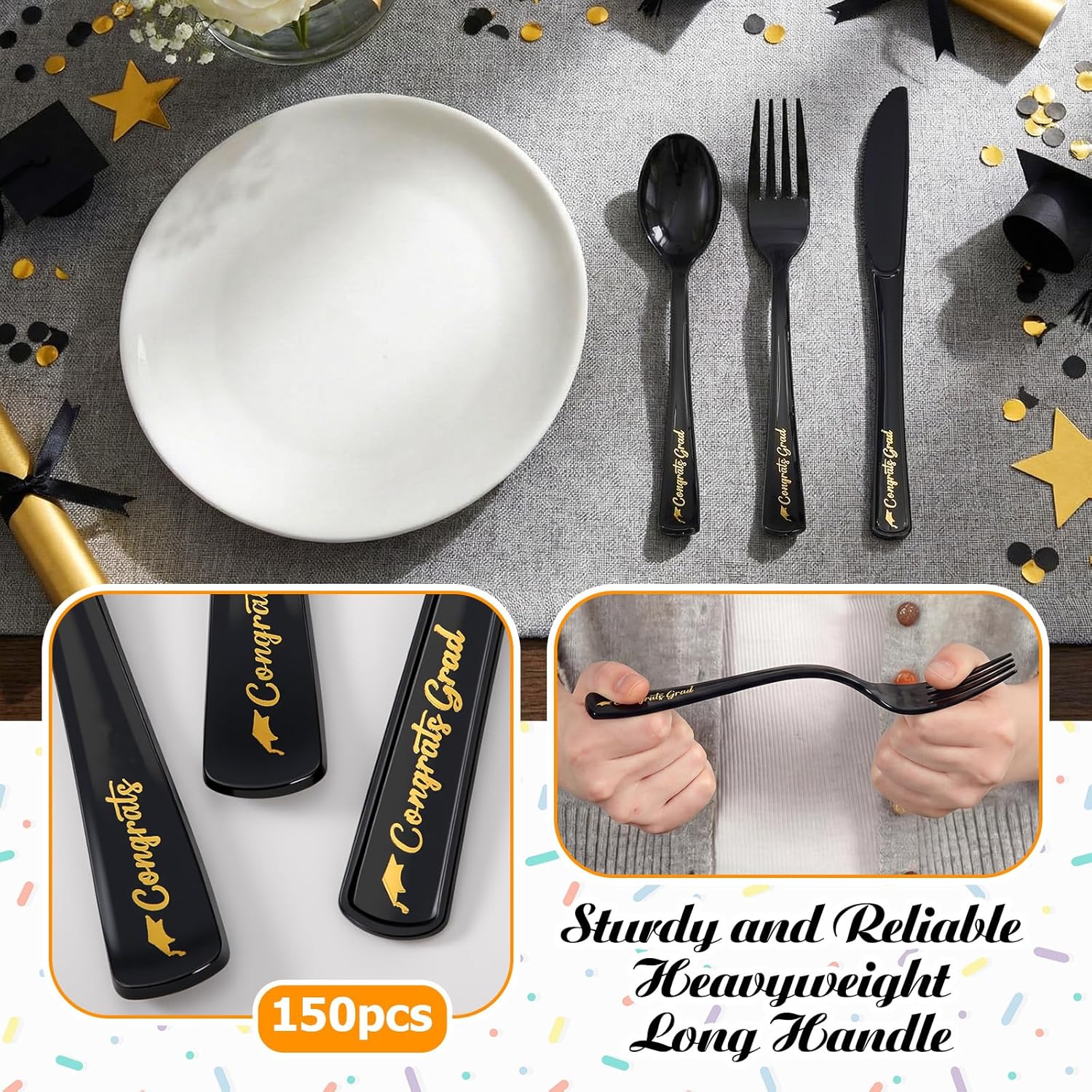 Syhood 150 Pcs Graduation Plastic Silverware, Heavy Duty Black Gold Cutlery Sets Include 50 Forks, 50 Knives and 50 Spoons, Disposable Utensils Set for Holiday Party