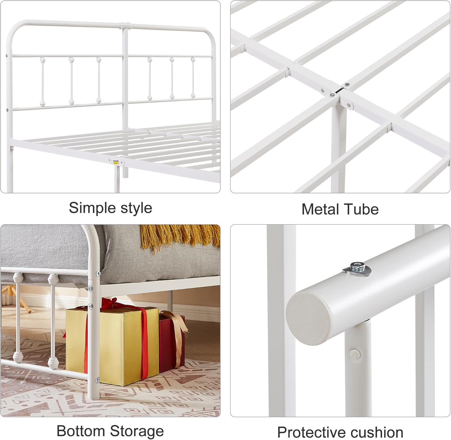 VECELO King Size Victorian Style Metal Bed Frame with Headboard Classic Metal Platform Bed Frame Mattress Foundation with Footboard/Under Bed Storage/No Box Spring White