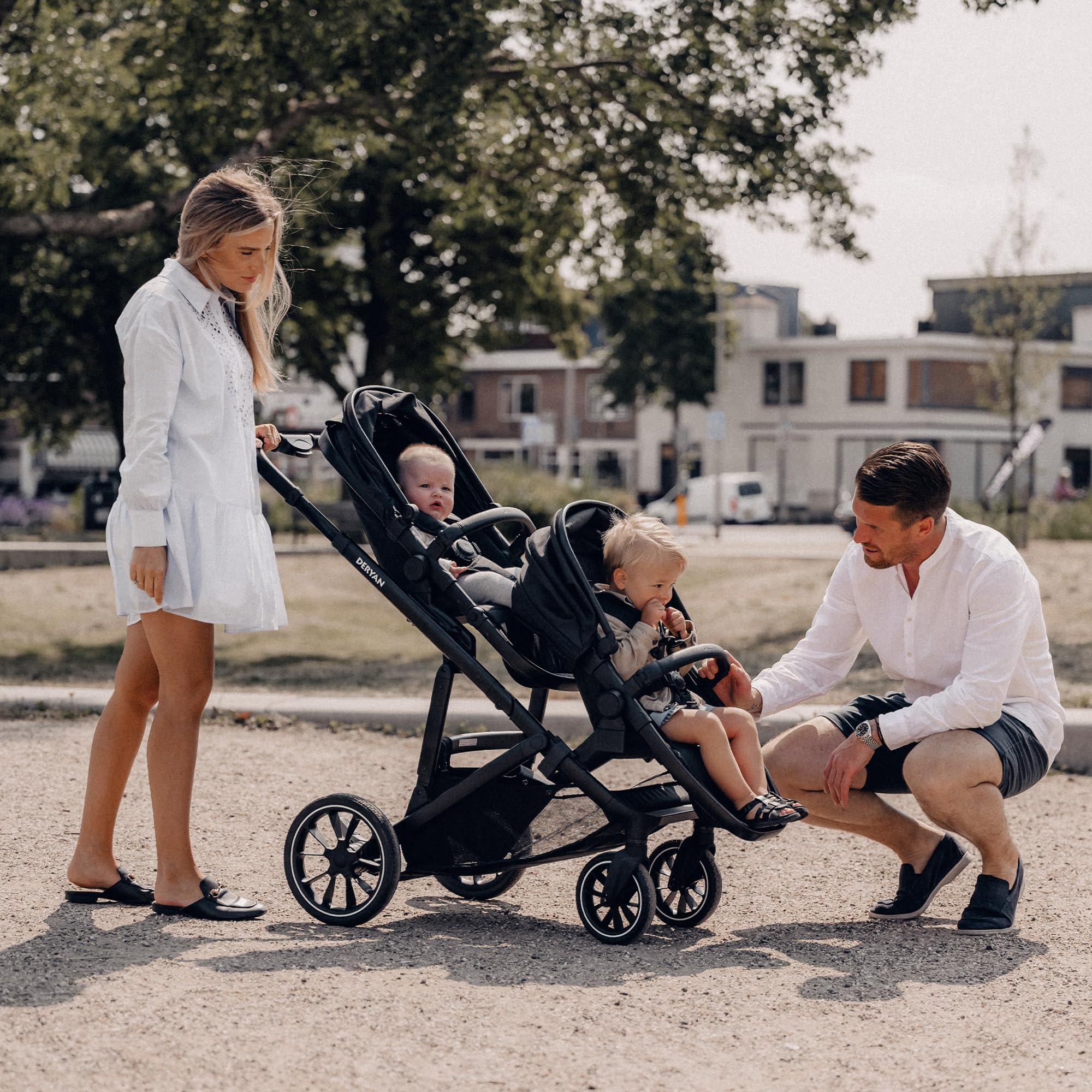 Deryan Evy V2 Passeggino per 2 bambini, Duo Tandem, 0-4 anni, doppio Duett, per neonati e bambini in età prescolare, carrozzine fino a 50 kg, passeggino, passeggino da viaggio 2 in 1, Nero con zecca
