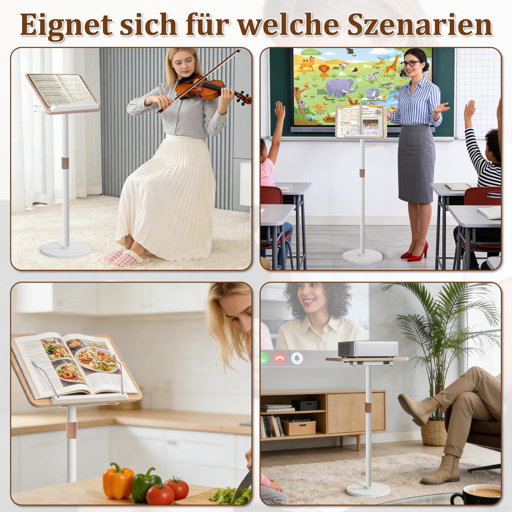2 in 1 Verstellbarer Buchständer, Höhenverstellbar 50-130cm, Weiß | Dual-Use Boden & Schreibtisch-Buchhalter, Holz-Kochbuchhalter mit Seitenclips, für Musikblatt, Rezept, Laptop