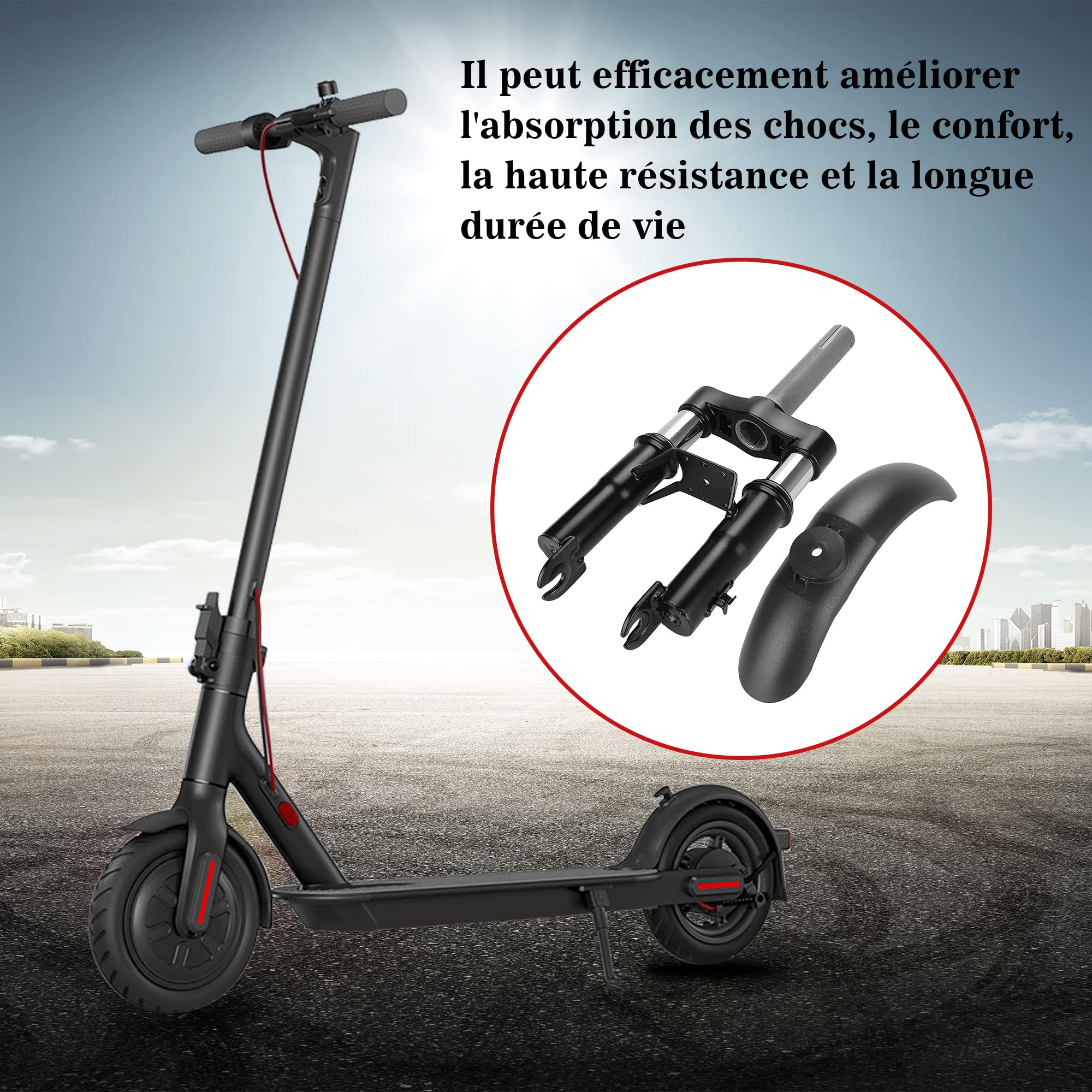 TMOM Avant de Suspension Amortisseur pour Xiaomi M365/Pro/Pro 2/1S Scooter Électrique Kit de Fourche Avant Suspension+Garde-Boue Avant+Support de Pied Accessoire de Scooter