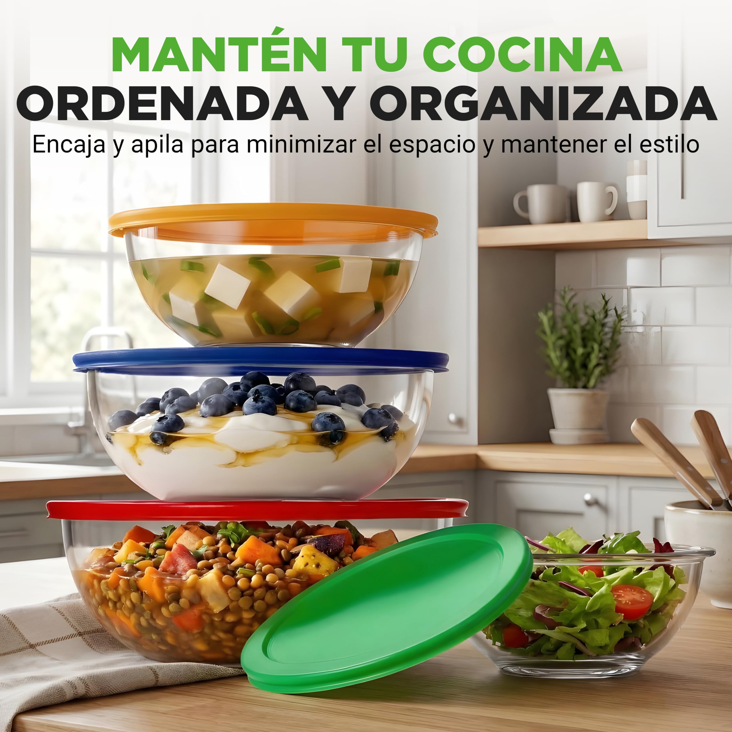 NutriChef set de 4 boles, Ensaladeras de cristal con tapa hermética, Apilables, Aptos para microondas, Horno, Lavavajillas y congelador, 4 tamaños