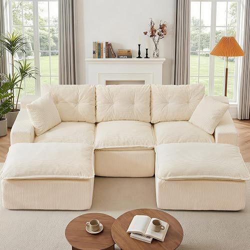 Korser 110" U-Shaped Cloud Modular Sectional Sleeper Sofa, Comfy Boneless Couch, Deep Seat Flexible Sectional Couch with 2 Movable Ottomans for Living Room, No Assembly Required, Corduroy, Beige